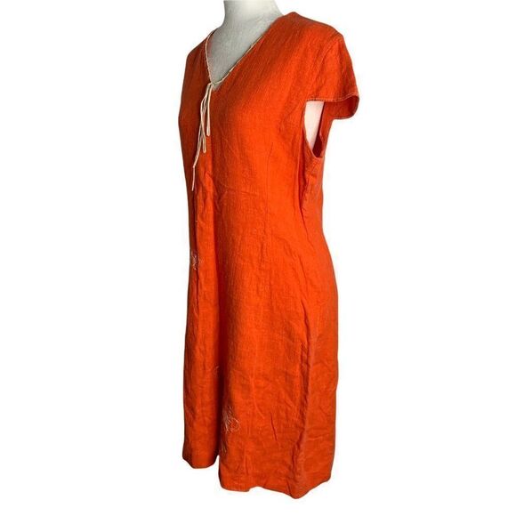 Vintage 80s Harve Benard Linen Shift Dress M Orange Leather Accents - Picture 4 of 7